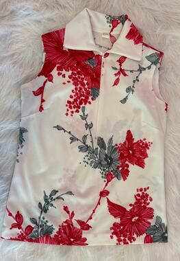 Vtg 70s Floral Half Zip Front Top Dagger Collar Polyester Sleeveless Blouse